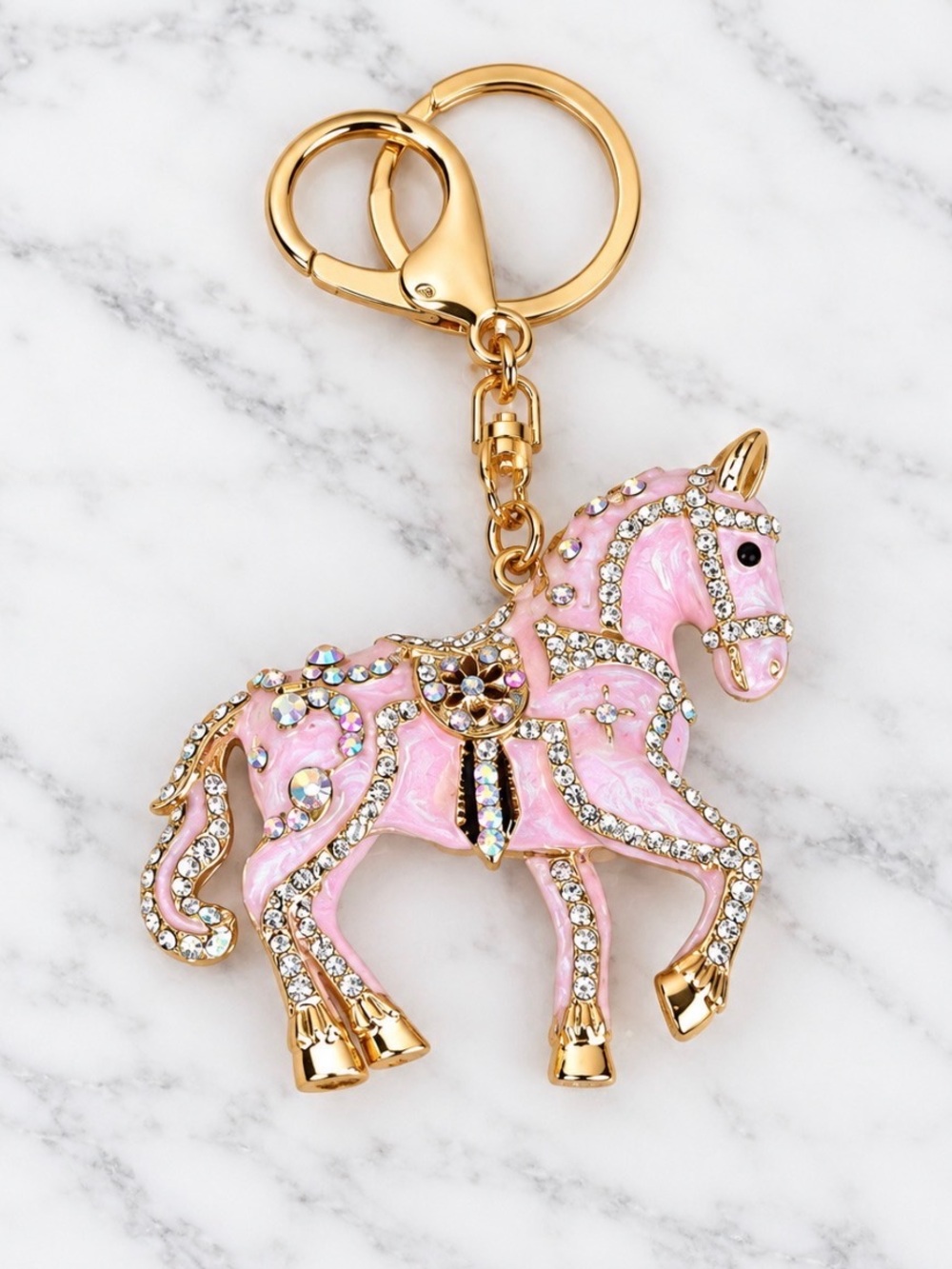 Pink Enamel Carousel Horse Bag Charm/Keyring-White Stone and Faux Pearl Accents